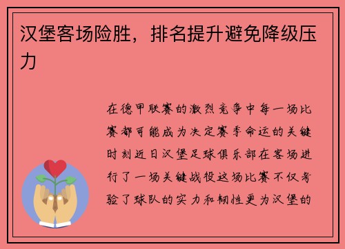 汉堡客场险胜，排名提升避免降级压力