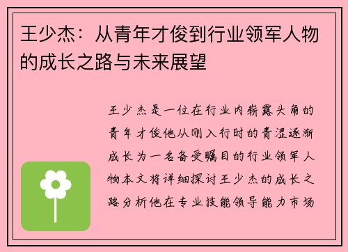 王少杰：从青年才俊到行业领军人物的成长之路与未来展望
